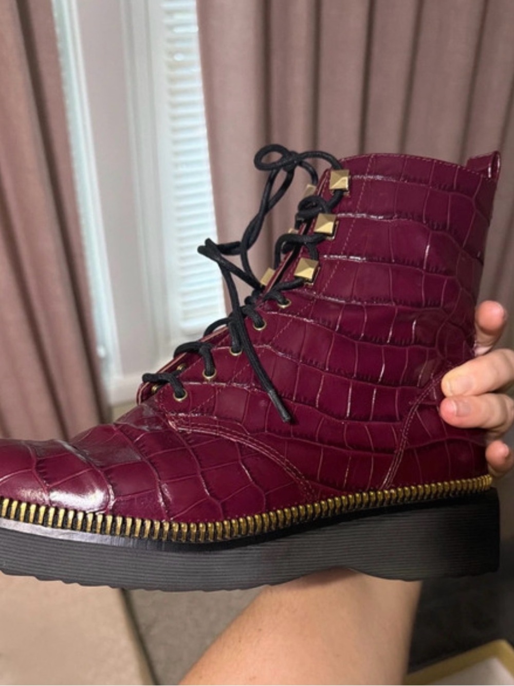 Michael Kors Berry Leather Croc Embossed Combat Boots